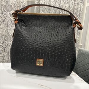 Dooney & Bourke Black Ostrich-Textured Shoulder Bag with Tan Trim NWT